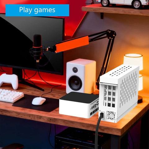 Built Legit External Egpu Dock Pcie Four Point Zero Thunderbolt Enclosure for Gaming Laptops and Handhelds on a gaming setup.