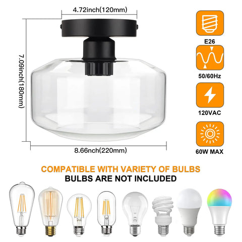 Industrial Semi Flush Mount Ceiling Light With Clear Glass Pendant Shade Farmhouse Vibe