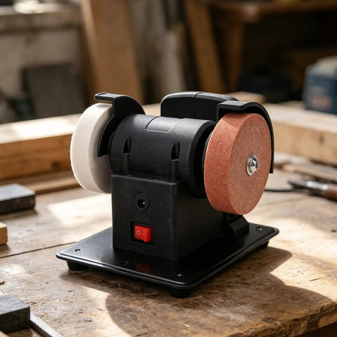 Kick Some Rust Off With This Cordless Mini Bench Grinder Featuring Dual Coarse And Fine Grind Wheels Li Battery Powered Grab And Go Design on workbench.