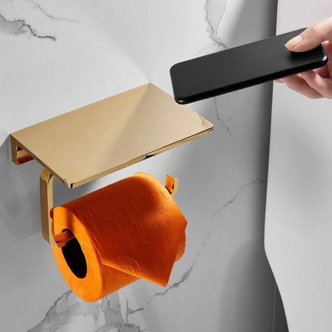 Solid Brass Toilet Paper Holder With Gold Finish, Hotel Style Tissue Roll Holder Plus Built In Cell Phone Shelf, Rust Resistant Chrome Finish