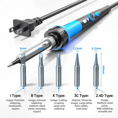 60W Ceramic Heater Soldering Iron Kit With 9-In-1 Tool Set showing five interchangeable tips