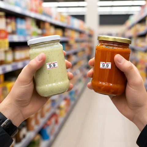 Hands holding jars with price stickers in a store aisle using Go-To 30,000 Price Gun Labels Pack With 60 Rolls Price Tag Stickers.