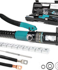 10 Ton Hydraulic Crimping Tool with 9 Dies for Battery Cable Terminals and Stainless Steel Wire Rope Crimping, shown with components.
