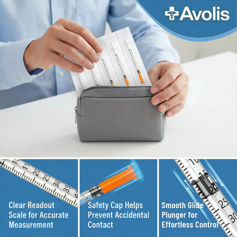 0.5ml 30G 5/16 Inch 8mm Syringe Pack Of 100 Individually Wrapped Lab Supplies With Clear Graduation Marks For Precise Measurements And Leak Proof Withdrawal, shown in pouch