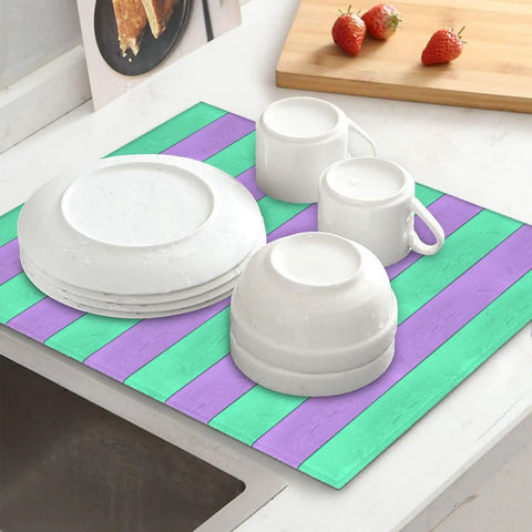 Purple Green Wood Grain Print Microfiber Dish Drying Mat For Kitchen Counter Super Absorbent And Machine Washable Dish Drying Pad Rack Mat 16 By 18 Inches Quick Dry Kitchen Counter Essential with dishes and cups