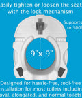 Heavy Duty Raised Toilet Seat With Handrails For Seniors And Handicap Assist Elongated Riser Adds Five Inches. 9x9 inch base, supports 300 lbs.