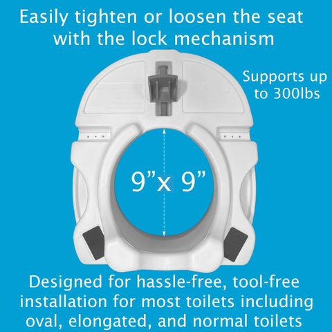 Heavy Duty Raised Toilet Seat With Handrails For Seniors And Handicap Assist Elongated Riser Adds Five Inches. 9x9 inch base, supports 300 lbs.