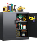 Sturdy Metal Garage Storage Cabinet With Pegboard Doors, Lockable Dual Doors, 2 Adjustable Shelves, filled with tools and supplies.