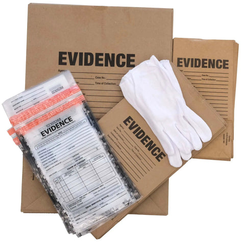 Hands-On CSI Crime Scene Investigation Kit For STEM Classrooms With Evidence Bags And Markers, gloves displayed.