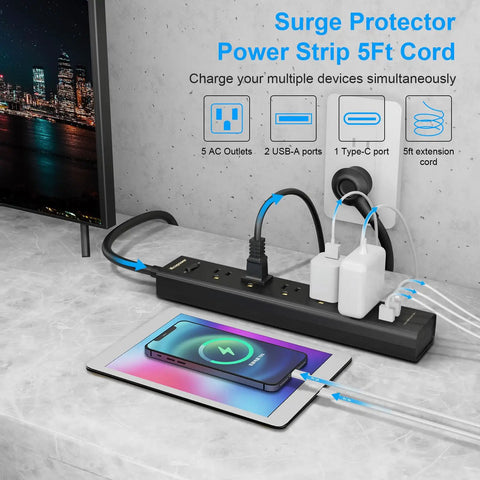 8 In 1 Surge Protector Power Strip With 5 Widely Spaced Outlets 3 USB Ports Including USB C Port 1250 Watt 10 Amp 5 Ft Extension Cord Wall Mountable For Home Office Black on desk