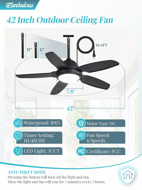 42 Inch Outdoor Waterproof Ceiling Fan With Lights And Remote For Patios And Pergolas IP65 Wet Rated Black 6 Speed DC Motor 3CCT Lighting Plug In Gazebo Fan
