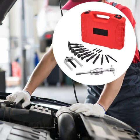 Hardened Steel Blind Inner Bearing Puller 16 Pc Kit Sliding Hammer Screw Adapters For Parts Heavy Duty Handles Jobs Like A Pro Grab Badass Extraction Set Remove Bearings Fast No Damage Keep Rides Rolling Smooth When You Hit Tight Spots During Work. red case with sliding hammer and adapters
