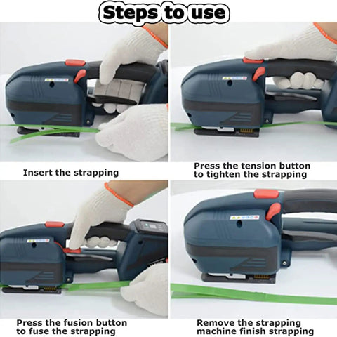 Steps to use the One-Hand Automatic Electric Strap Tool for strapping with green tape and handheld operation.