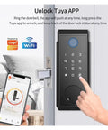 Slick Fingerprint Deadbolt Smart Keyless Entry Lock With Custom Keypad Codes And Heavy Duty Construction, touchscreen keypad on door.
