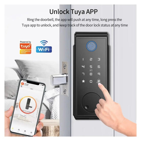 Slick Fingerprint Deadbolt Smart Keyless Entry Lock With Custom Keypad Codes And Heavy Duty Construction, touchscreen keypad on door.