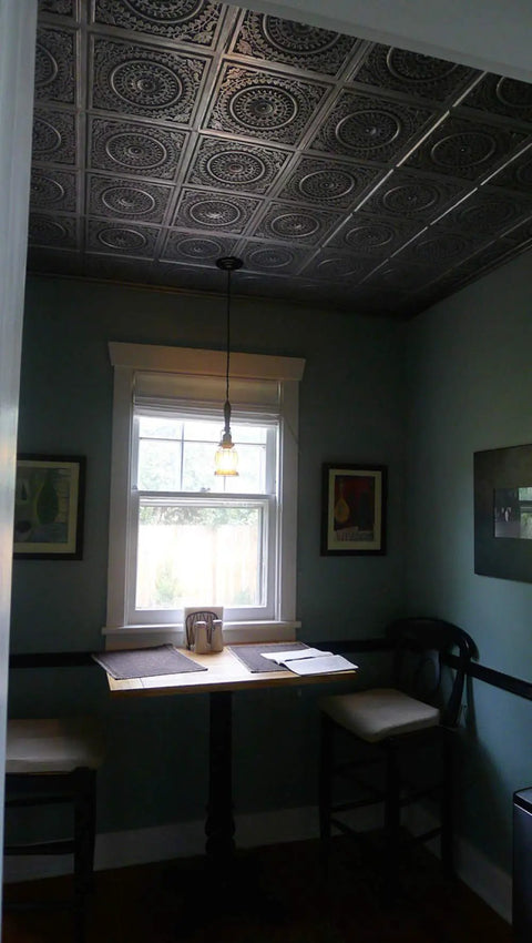 Dining nook with Glue Up PVC Ceiling Tiles 2 By 2 Antique Silver 10 Pack Covers 40 Sq Ft Lightweight Fire Rated Class A.