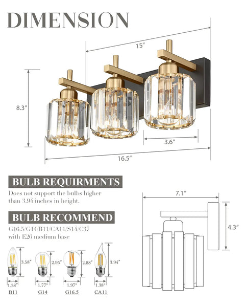 Crystal Vanity Light 3 Light Over Mirror Modern Bathroom Fixture In Polished Gold Finish With K9 Crystal Beads dimensions and bulb advice