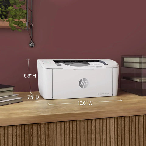 Image of the LaserJet M110w Black and White wireless printer on a desk, showing compact design dimensions of 13.6" W, 7.5" D, 6.3" H.