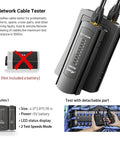 Network cable tester from 11 In 1 Pro Grade Network Tool Kit For Ethernet Cabling Pass Through Crimper RJ45 Tester Punch Down Tool Stripper Cutter Cat6 Pass Through Connectors And Boots In A Tough Portable Case, displaying LED indicators.