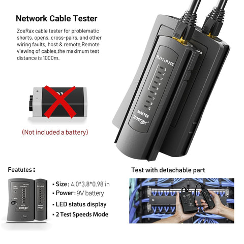 Network cable tester from 11 In 1 Pro Grade Network Tool Kit For Ethernet Cabling Pass Through Crimper RJ45 Tester Punch Down Tool Stripper Cutter Cat6 Pass Through Connectors And Boots In A Tough Portable Case, displaying LED indicators.