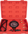 Front view of VECKYJL automotive vacuum gauge tester kit in red case with black hose and brass adapters.