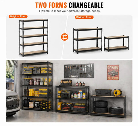 Heavy Duty 5 Tier Adjustable Metal Shelving Unit for Garage and Basement, 2500 lbs Total Capacity Storage Rack in different forms