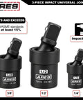 Impact Universal Joint Set 3-Piece 1/4 Inch Drive U-Joints, 3/8 Inch Drive, and 1/2 Inch Drive in black with laser-etched markings
