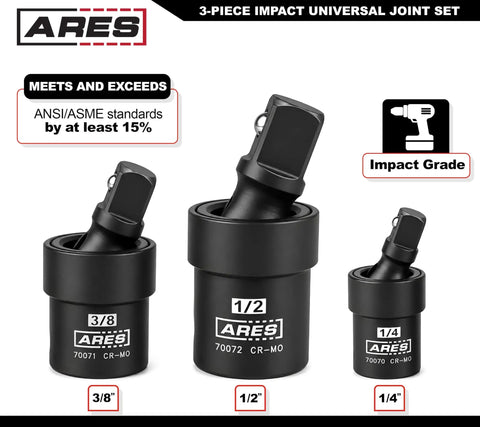 Impact Universal Joint Set 3-Piece 1/4 Inch Drive U-Joints, 3/8 Inch Drive, and 1/2 Inch Drive in black with laser-etched markings