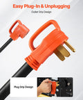 Close-up of Nema 14-50 Y Splitter Adapter Cord with an orange grip handle for easy plugging into RV or EV charging outlets.