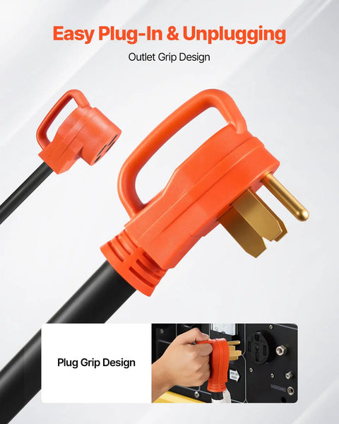 Close-up of Nema 14-50 Y Splitter Adapter Cord with an orange grip handle for easy plugging into RV or EV charging outlets.