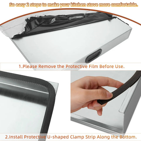 Stainless Steel Stove Top Cover Noodle Board Kitchen Organizer For Gas And Electric Stoves Expands Counter Space And Doubles As A Cutting Board Sink Cover 30 By 22 By 3 Inches Silver with protective film and clamp strip details.