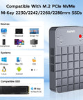 Premium Dual Bay M.2 Nvme Enclosure Deliverin Real Kickin 20Gbps Usb 3.2 Gen2x2 Speed showcasing device compatibility with M-Key SSDs.