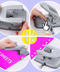 2 Hole Punch for Paper, Adjustable Heavy Duty Metal Puncher with Locking Handle shown in use, illustrating 30 Sheet Capacity and precise alignment.