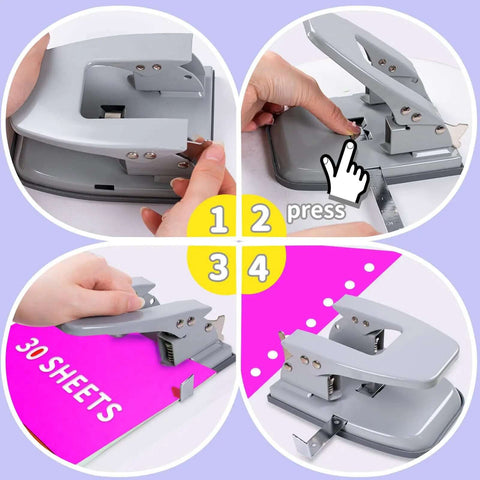 2 Hole Punch for Paper, Adjustable Heavy Duty Metal Puncher with Locking Handle shown in use, illustrating 30 Sheet Capacity and precise alignment.