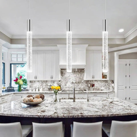 Three Pack Pendant Lights For Kitchen Island Modern Dimmable LED Hanging Lights Silver Finish in elegant kitchen setting