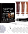 Premium Leather Repair Kit For Furniture Sofa And Car Seats 5 Piece Vinyl Patch Set on display with repair compounds and tools.