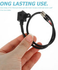 Hand holding Dual Motorcycle Brake Switch With Power Cutoff Function, Plug And Play Easy Install Two Pack Wire Harness, black plastic