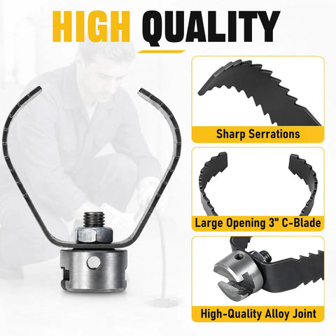 Top Shelf Three Inch Root Cutter Machine Attachment For Kick Serious Gunk And Grease Buildup Drain Auger Replacement Accessory showing 3" C-blade with sharp serrations.