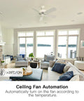 Smart Ceiling Fan Switch With 2.4GHz WiFi, Neutral Wiring Required, showcased in a modern living room, controls ceiling fan automatically