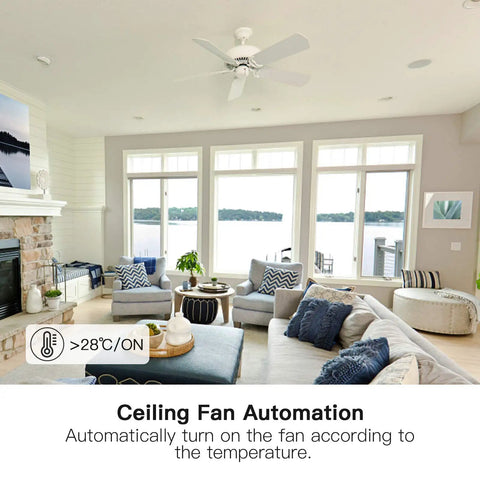 Smart Ceiling Fan Switch With 2.4GHz WiFi, Neutral Wiring Required, showcased in a modern living room, controls ceiling fan automatically