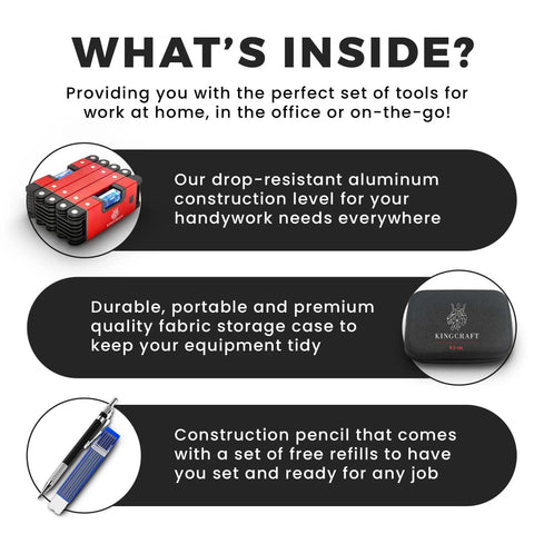 Foldable 28 Inch Pro Grade Level Tool Set with Magnetic Bubble Level shown with carrying case and construction pencil.
