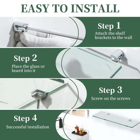 Premium Zinc Alloy Glass Shelf Brackets And Wall Mount Clamps installation steps for 8 piece heavy duty set with glass panels.