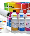 All In One Direct To Film Printing Kit With CMYK Plus White Ink The Go To Bundle For Fabric Includes 6x500 ml Ink DTF Powder 1 Kg Film Roll 13 Inch By 328 Ft High Quality DIY Craft And Commercial Printing visible with colored packaging and bottles.