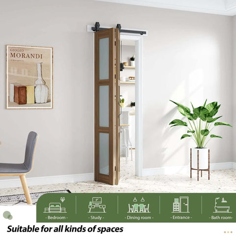 Double 15x84 Frosted Glass Barn Door Set in Brown Finish installed in a living room, showing water resistant PVC surface