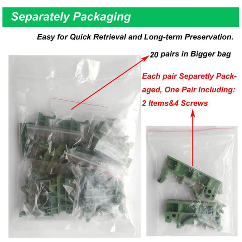 DIN Rail Mounting Kit For PCBs 35mm Snap On Adapters Clips With Screws PA66 Nylon Green Panel Brackets Fits Boards Up To 100mm packaging