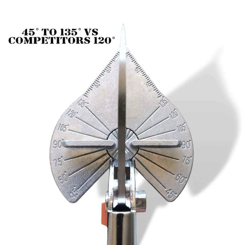 Close-up of Multi Angle Miter Cutter with angle scale from 45 to 135 degrees, showcasing precision and detail.
