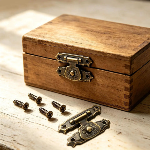 Heavy Duty Metal Jewelry Box Latch Clasp With Retro Floral Duckbilled Toggle Hasps Perfect For Wooden Cabinet Furniture Repair Restoration And Upgrades That Stick Tight And Look Super Cool. antique brass floral latch on wooden jewelry box with screws