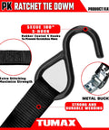 Heavy Duty 8 Pack Ratchet Tie Down Straps 1 Inch by 10 Feet showing rubber coated S-hook and metal buckle for secure hauling.