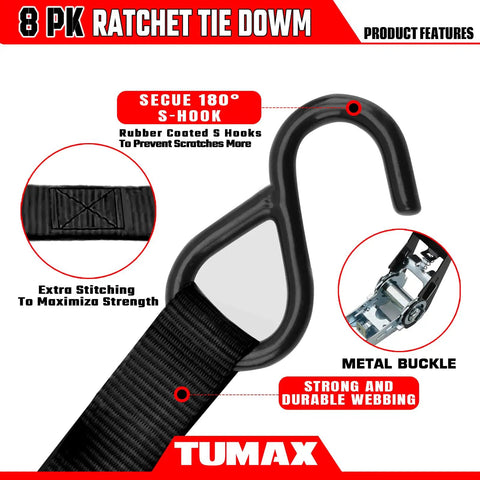 Heavy Duty 8 Pack Ratchet Tie Down Straps 1 Inch by 10 Feet showing rubber coated S-hook and metal buckle for secure hauling.