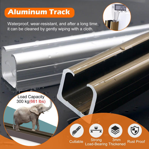 Close-up of aluminum track showing rust-proof, load-bearing capacity for Built Tough Heavy Duty Sliding Barn Door Hardware Track Kit.